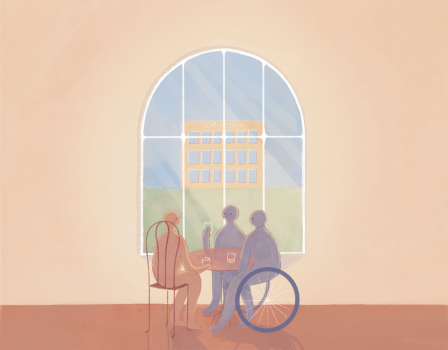 drie figuren zitten voor een groot raam aan een tafeltje iets te drinken, twee van de figuren zitten op een stoel, een van de figuren zit in een rolstoel