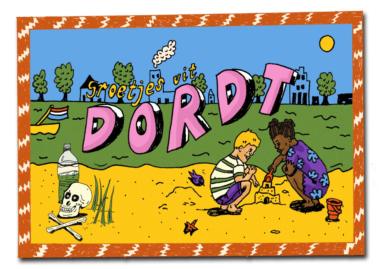 illustratie in de stijl van een ansichtkaart waar groot 'Dordt' op staat, een jongen en meisje spelen op een strand waar ook een doodskop ligt. Op de achtergrond een groene rivier.