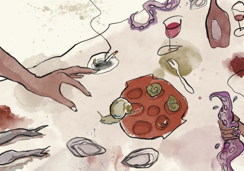 illustratie van een eettafel met escargots die nog leven, een spartelende octopus, wijn, oesters en een hand met een sigaret die naar eten grijpt.