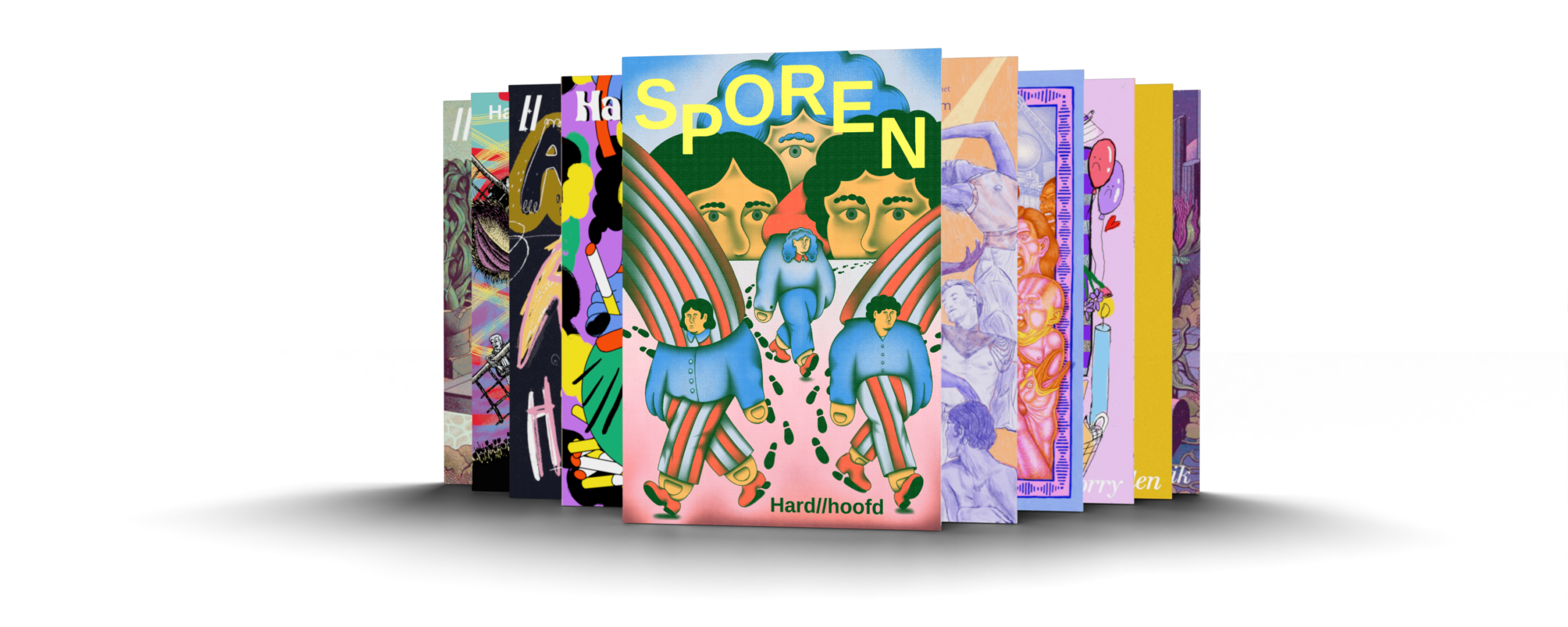 Word abonnee van Hard//hoofd magazine! Afbeelding van de covers van negen Hard//hoofd magazines.