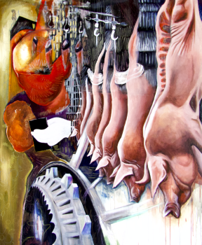 schilderij van varkenskarkassen die aan haken hangen in een slagerij