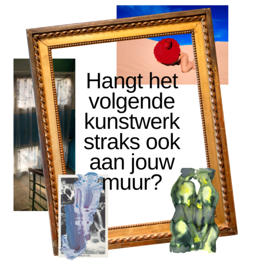 De afbeelding toont een collage van kunstwerken en een houten fotolijst. IN de lijst staat de tekst: Hangt het volgende kunstwerk straks ook aan jouw muur?