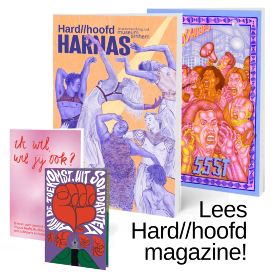 Een collage van 4 edities van Hard//hoofd magazine met de tekst: Lees Hard//hoofd magazine!